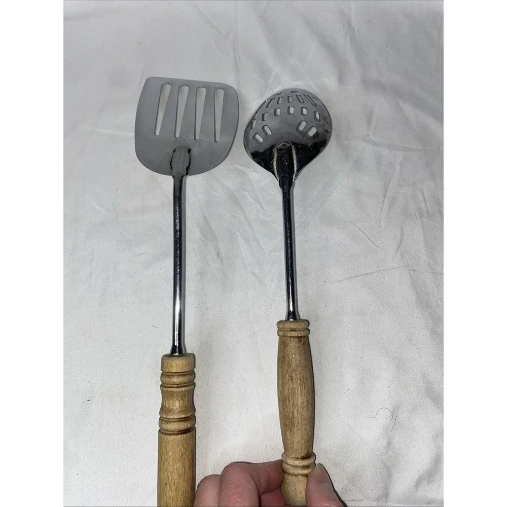 Vintage Ecko Slotted Stainless Steel Spatula And Slotted Spoon Wooden Handles
